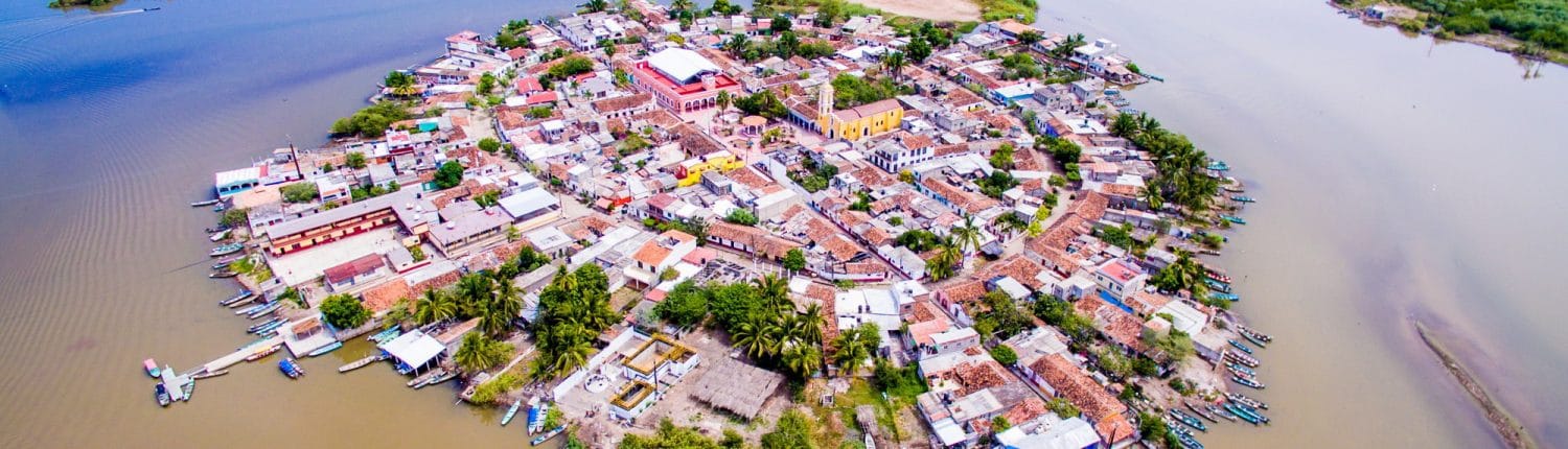 Aerial shot to the entire Mexcaltitan island in Riviera Nayarit