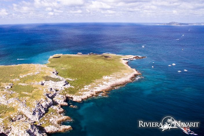 Aerial view of Islas Marietas looking towards Riviera Nayarit mainland in Mexico