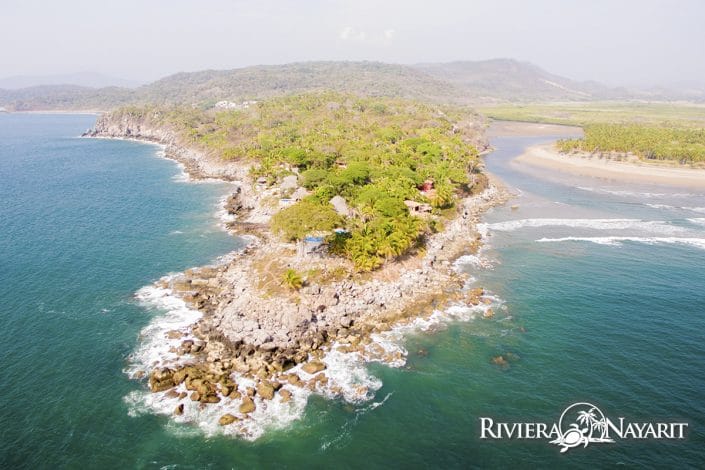 Aerial view of sandy beach lagoon in Punta Custodio Riviera Nayarit Mexico