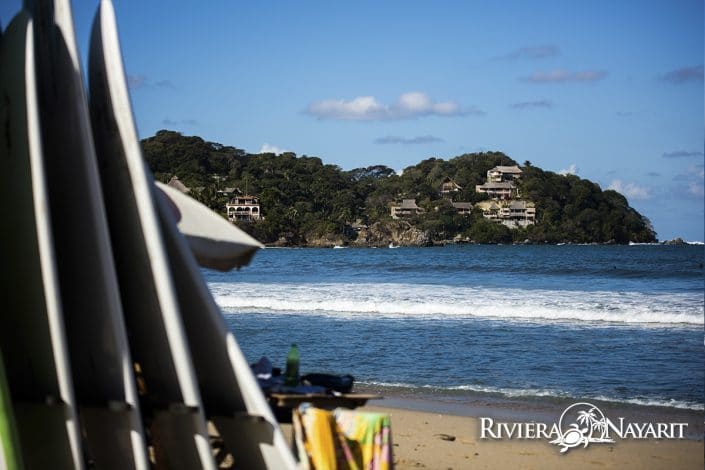 View from Sayulita beach with surf boards - Riviera Nayarit Mexico